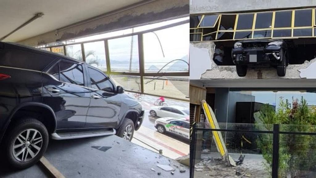 Carro fica suspenso após acelerar e colidir com parede de estacionamento em BC