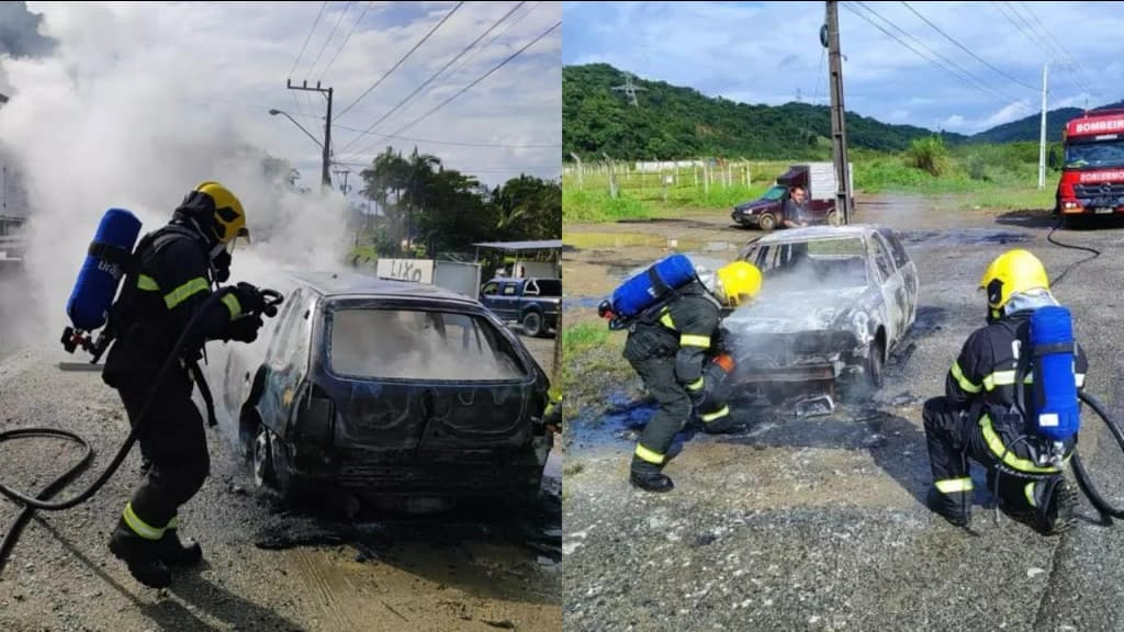 Carro fica destruído ao pegar fogo após colisão na BR-470