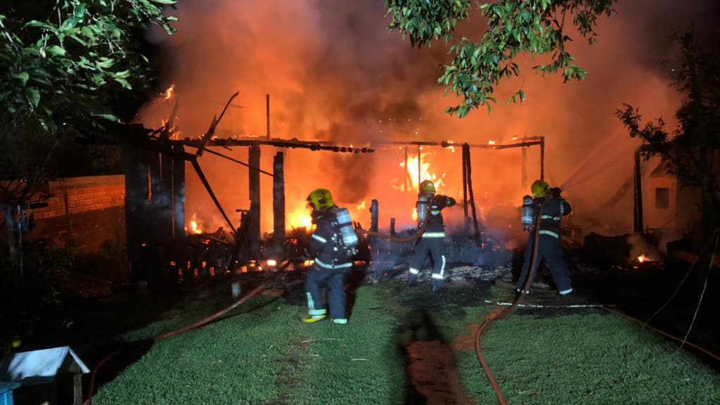 Cachorro que estava amarrado é resgatado por bombeiros durante incêndio em residência