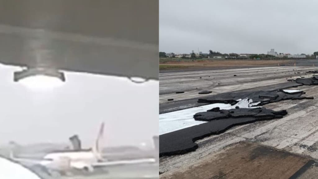 Asfalto de pista de aeroporto desprende e atinge avião durante decolagem em SC