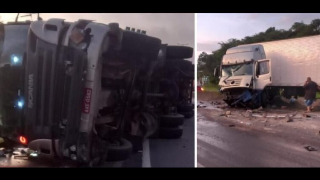 Colisão entre carretas causa congestionamento na BR-101, em Joinville