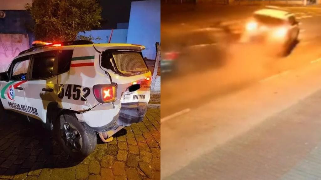 “Acertou em cheio”: motorista fazendo racha bate em viatura da PM