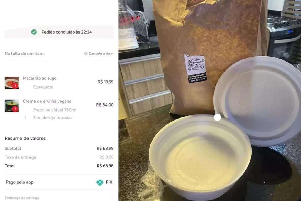 Mulher faz pedido de sopa em aplicativo de delivery e recebe marmita com água