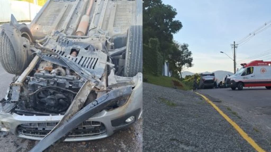Vídeo mostra capotamento de carro no Morro da Linguiça, em Itapema