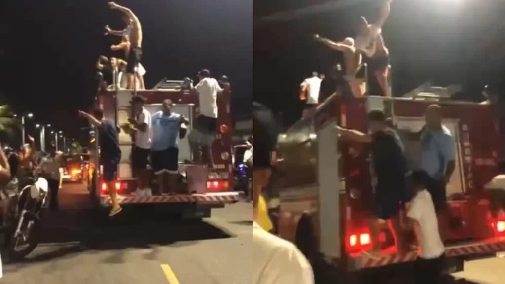 VÍDEO: Jovens sobem em caminhão de bombeiros durante incêndio para dançar funk