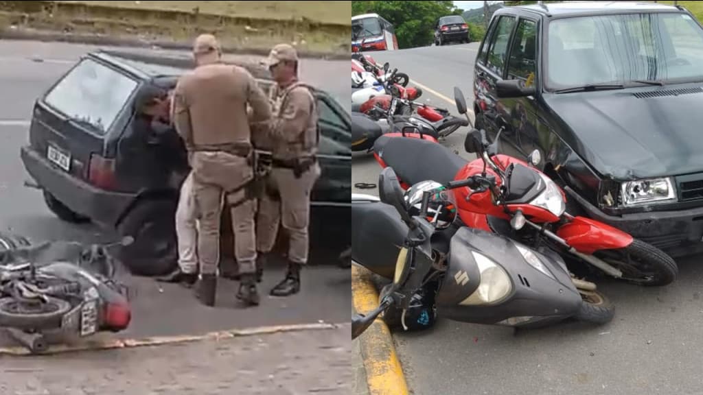 Uno escapa quase intacto após motorista fazer “boliche” com 9 motos, em Penha