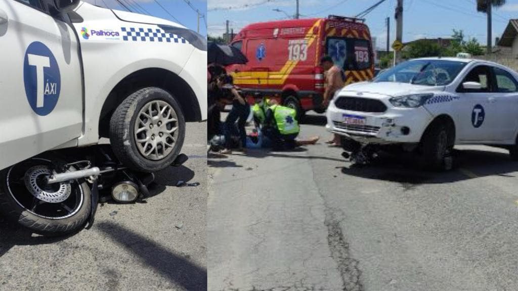 Motocicleta vai parar embaixo de táxi após colisão, em Palhoça