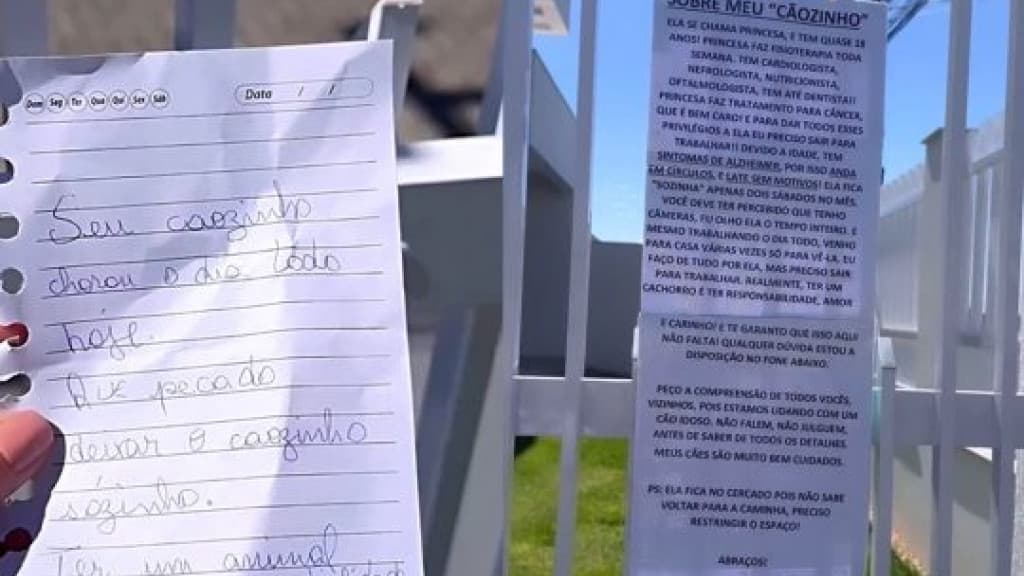 Mulher recebe bilhete de vizinha após latidos de cachorra com Alzheimer canino, em Tijucas