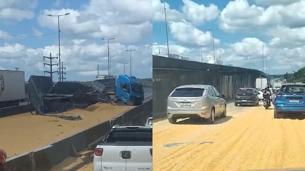 Carreta fica destruída e soja espalhada após “fazer o L ” na BR-101, em Joinville