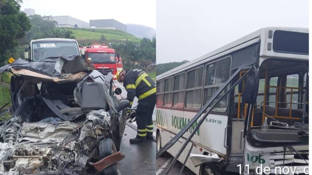 Grave acidente entre carro e ônibus mata uma pessoa e deixa feridos na SC-421