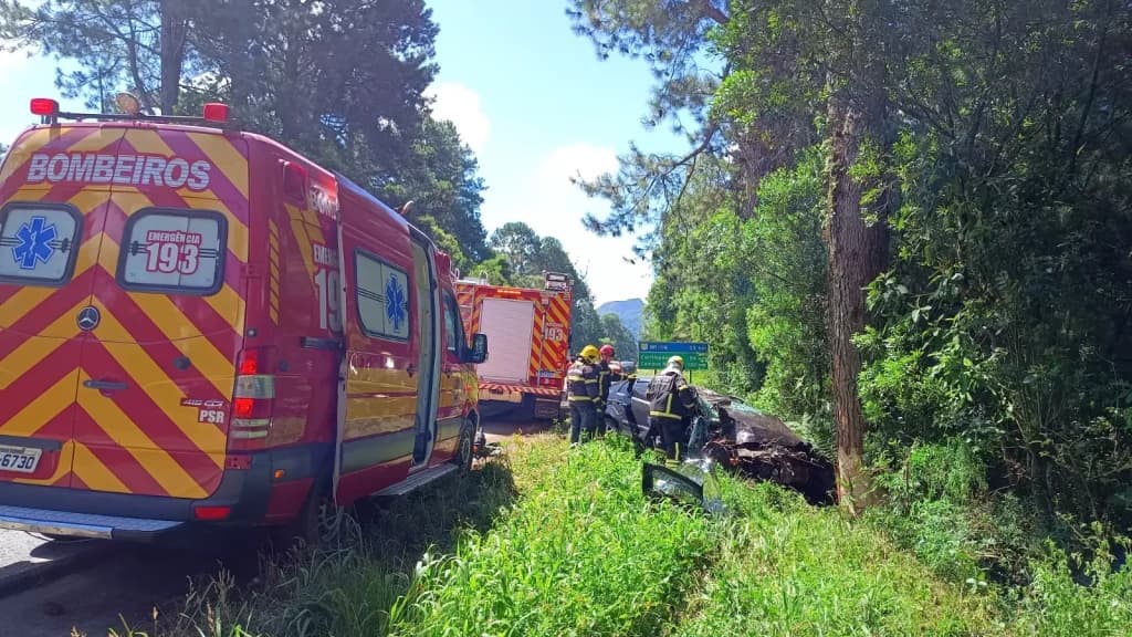 Carro bate em árvore na BR-470 e deixa um morto e três feridos