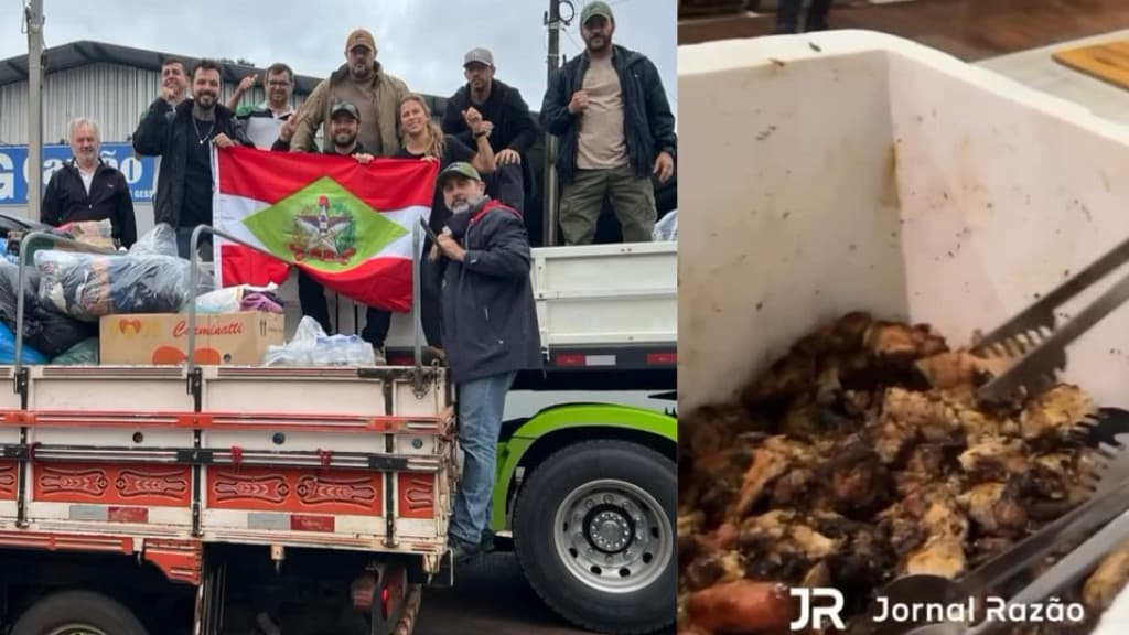 “Gaúcho gosta de churrasco”: catarinenses fazem refeição em abrigo para 400 famílias no RS