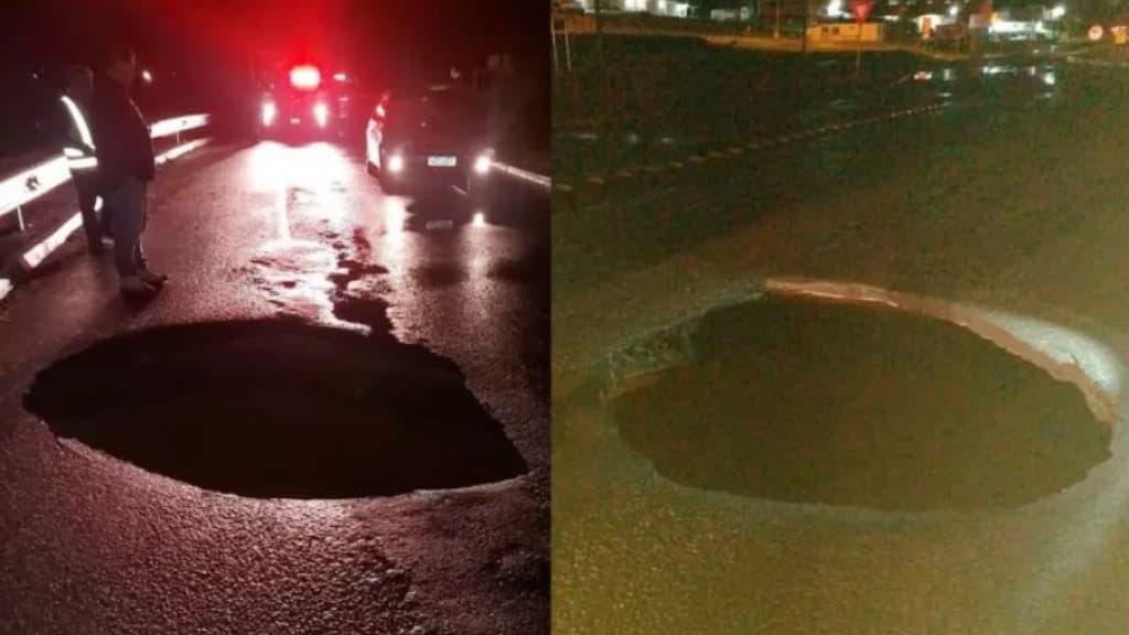 Cratera abre no meio da SC-418 após intensas chuvas