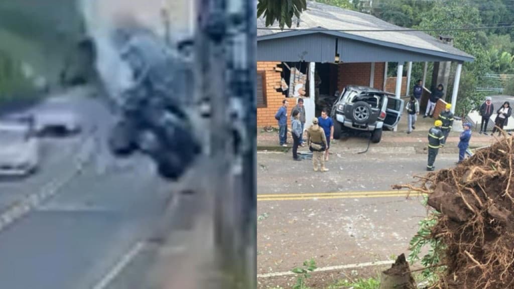 Carro “voa” sobre rua e causa destruição em residência no Oeste de Santa Catarina