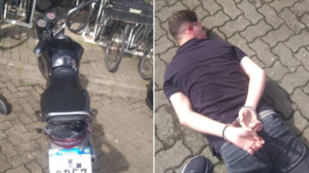 Jovem adultera placa de motocicleta e é preso com drogas, em Porto Belo