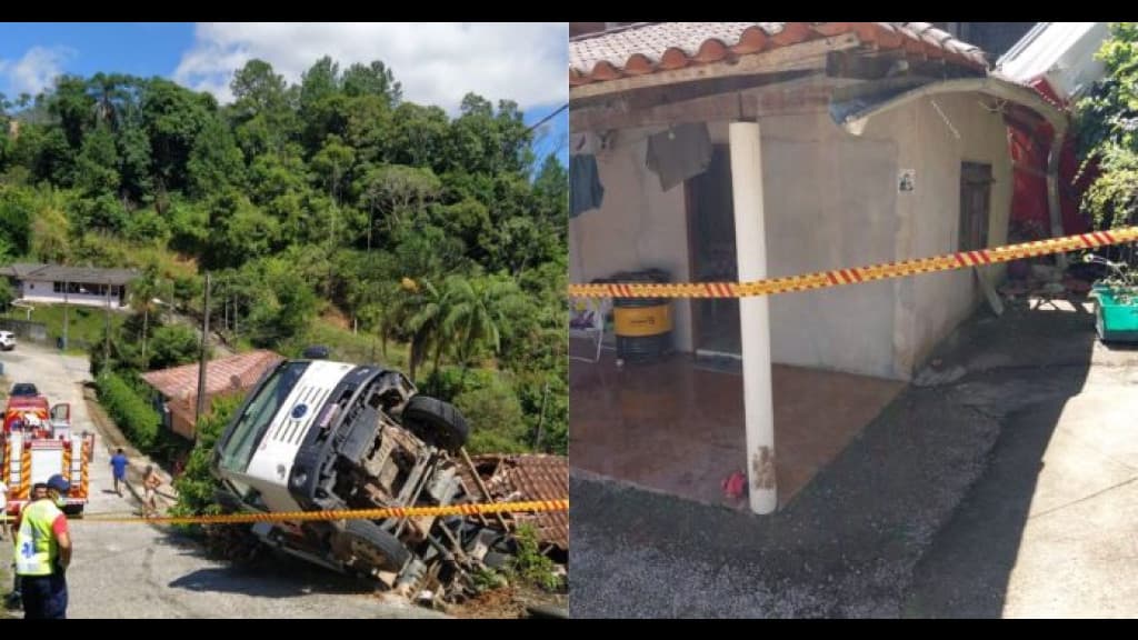 Mãe e filha ficam feridas após caminhão despencar em residência