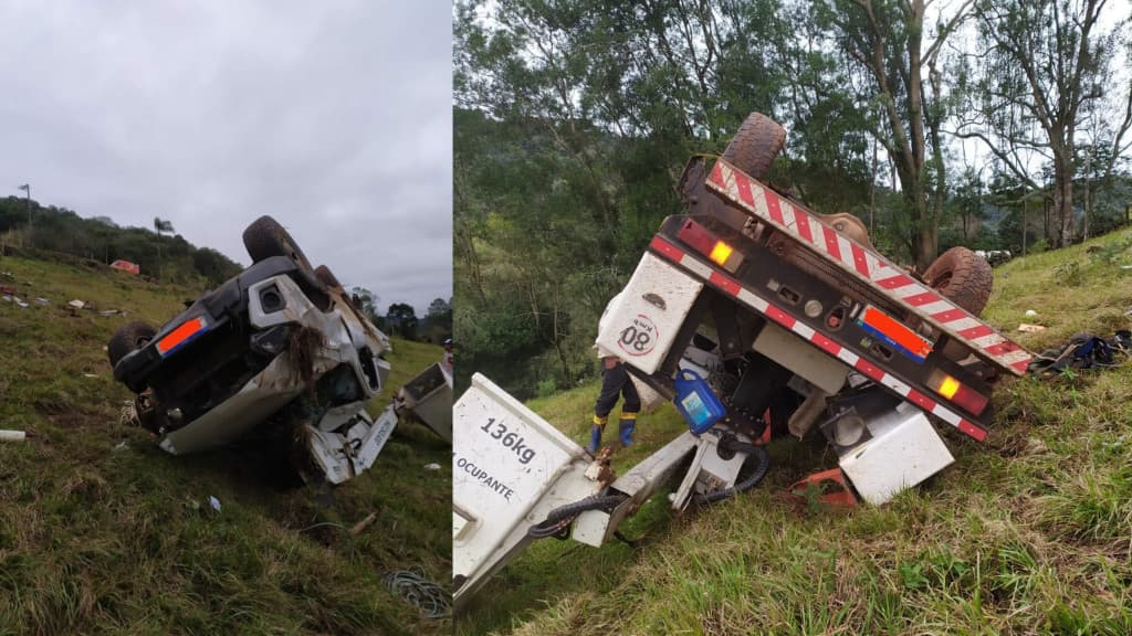 Caminhonete da Celesc capota em rodovia, mas ocupantes saem ilesos