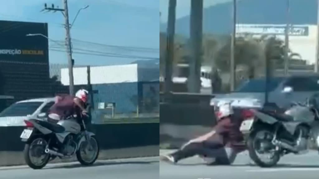 VÍDEO: Motoqueiro tenta “manobras complexas” e cai com violência na BR-101