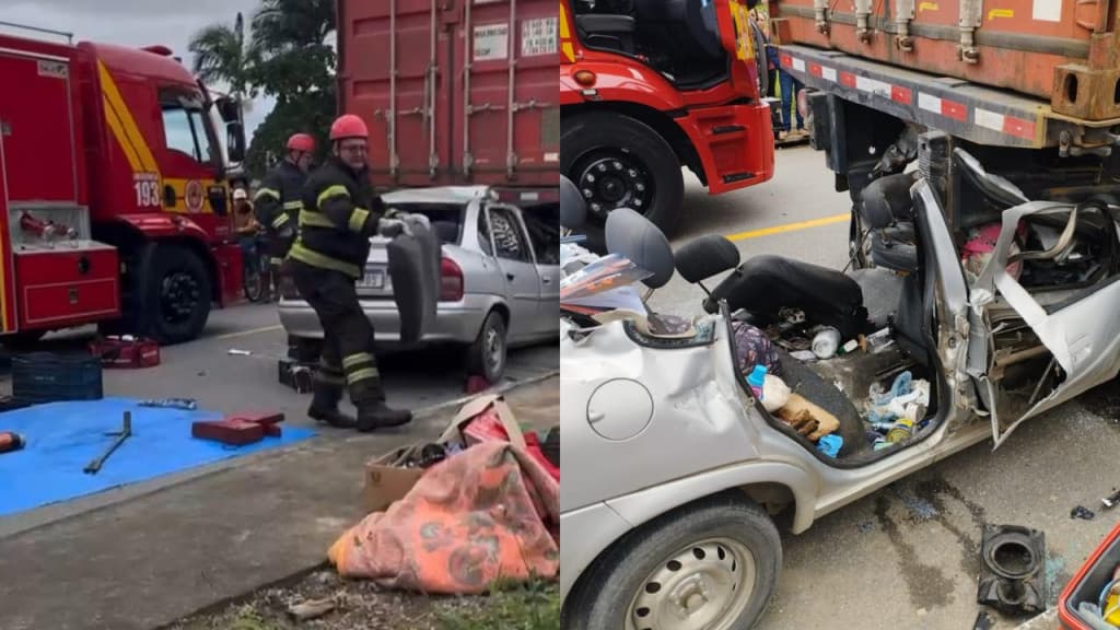 Motorista fica gravemente ferido após bater carro em caminhão estacionado