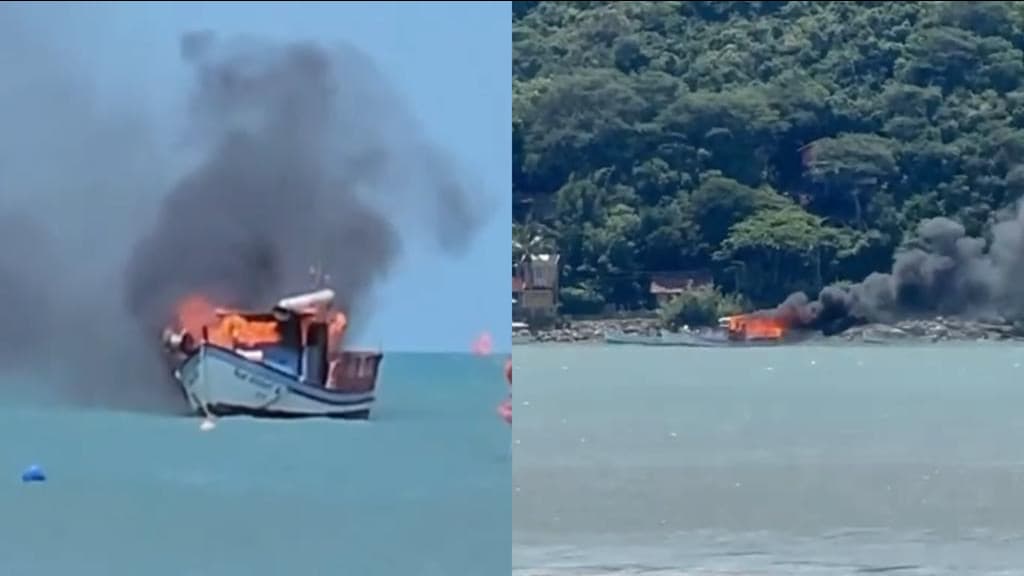 VÍDEO: Bombeiros tentam apagar incêndio em barco em praia de Florianópolis
