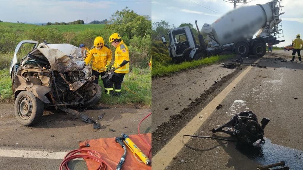 Motorista morre em colisão frontal entre carro e caminhão carregado de concreto