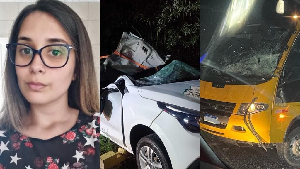 Jovem morre após carro bater em poste, capotar e colidir com ônibus escolar