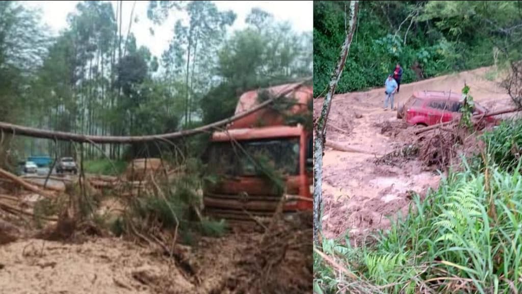 Deslizamento de terra atinge veículos e interdita SC-350