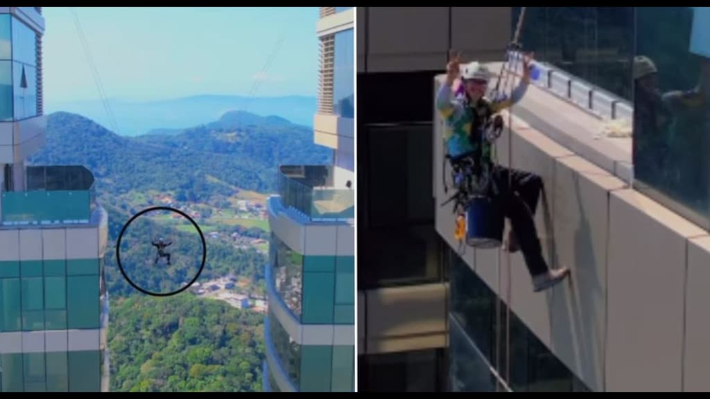 Alpinistas realizam limpeza a 280 metros de altura no prédio mais alto do Brasil, em Balneário Camboriú