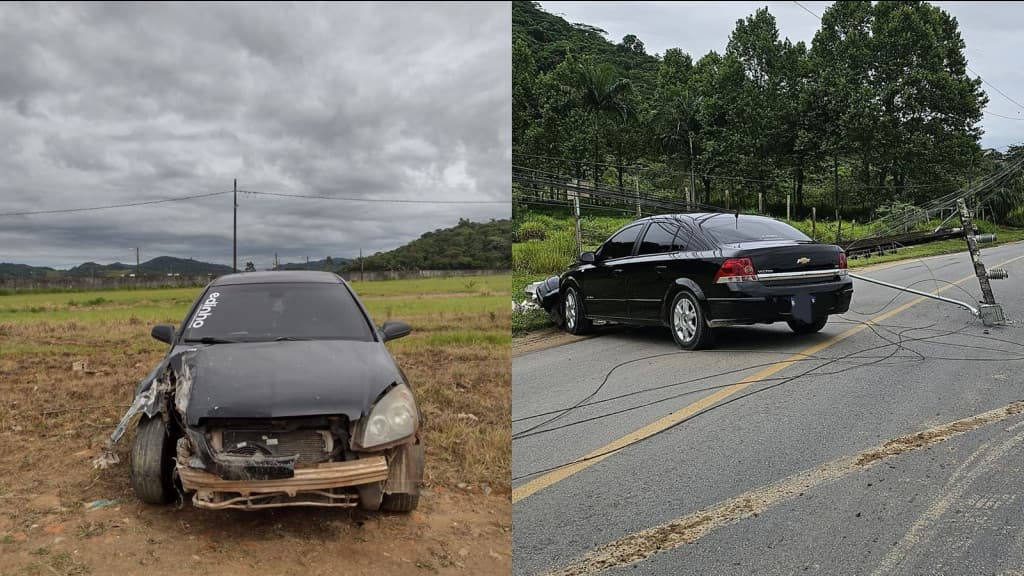 Motorista verifica GPS, perde controle do carro e acaba derrubando poste