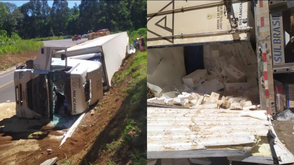 Carreta tomba e carga de salmão é saqueada na BR-282