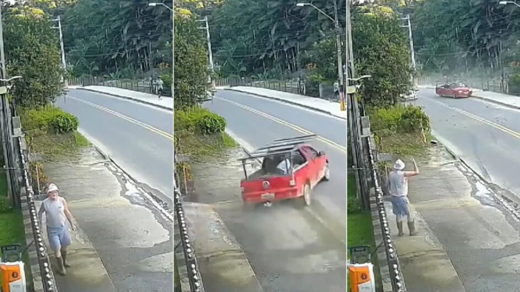Carro descontrolado invade calçada e quase atropela idoso e crianças