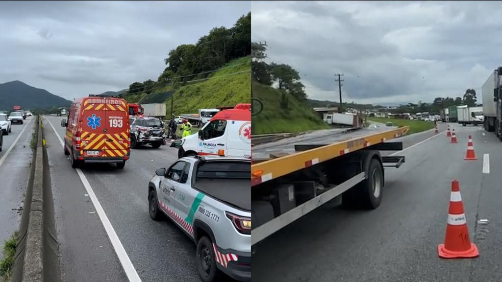URGENTE: Acidente entre carro e carretas mata duas pessoas na BR-101, em Palhoça