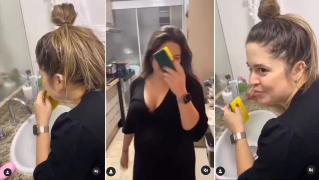 Grávida com desejo “come” esponja com sabão e vídeo feito pelo noivo viraliza