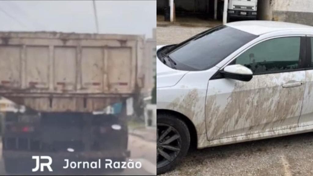 Caminhão da prefeitura joga lama até dentro de carros e suja ruas em Tijucas