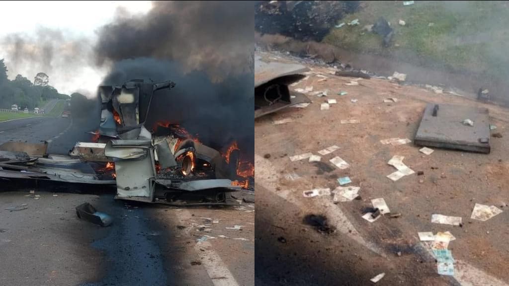 Criminosos explodem carro-forte e dinheiro fica espalhado em rodovia