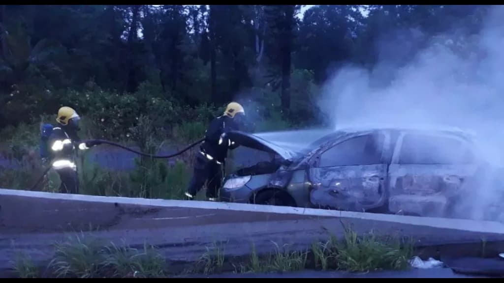Carro em chamas mobiliza Corpo de Bombeiros às margens da BR-470