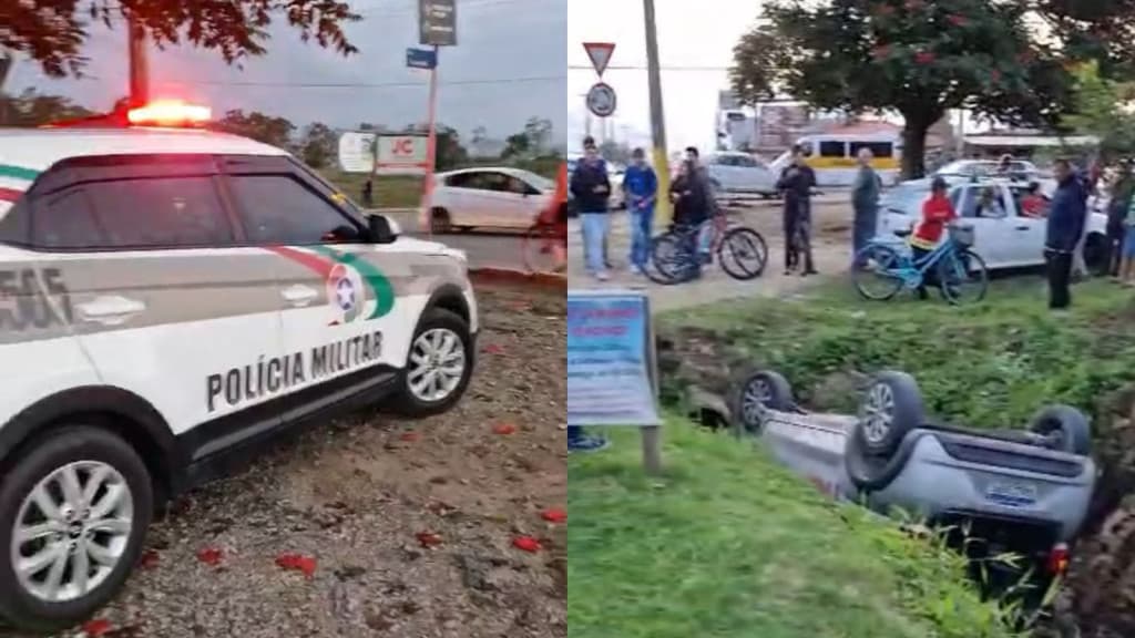 AGORA: Carro capota e acaba dentro de vala em Tijucas