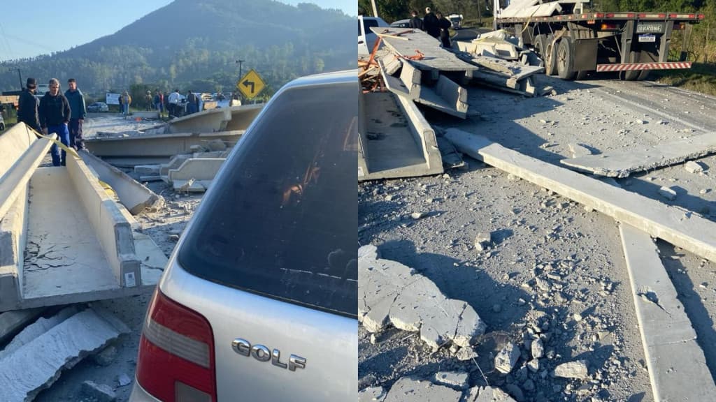 URGENTE: Carros são esmagados por placas de concreto que caíram de caminhão