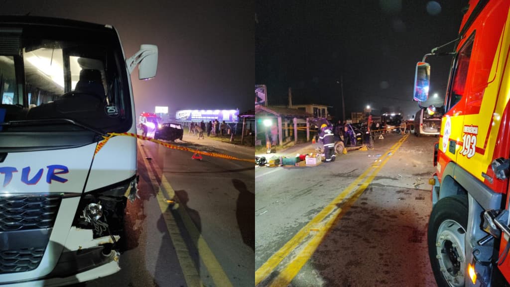 Colisão entre carro e ônibus deixa motorista preso às ferragens em Gaspar