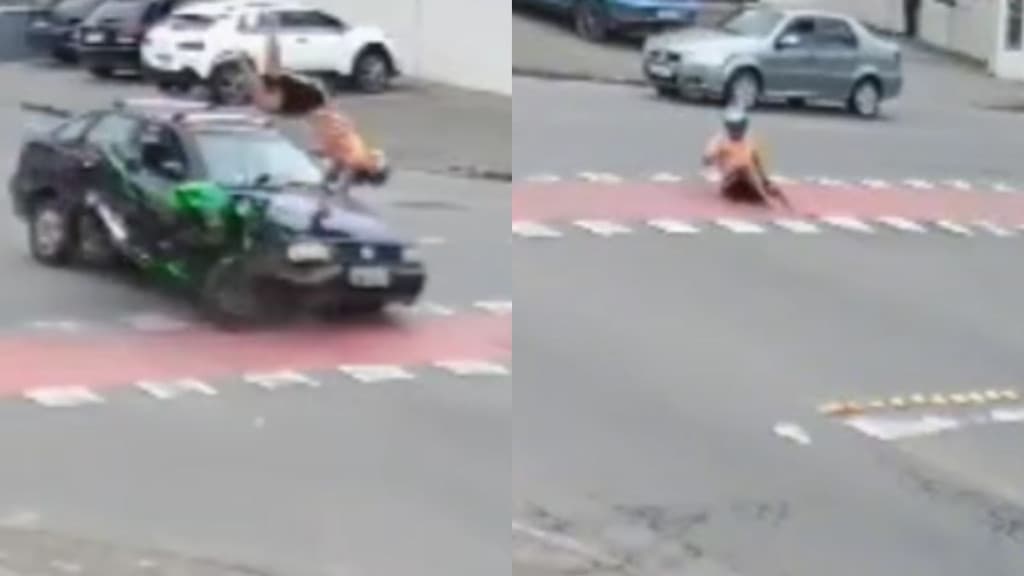 Motociclista “voa” após ser atingido por carro e cai sentado em asfalto