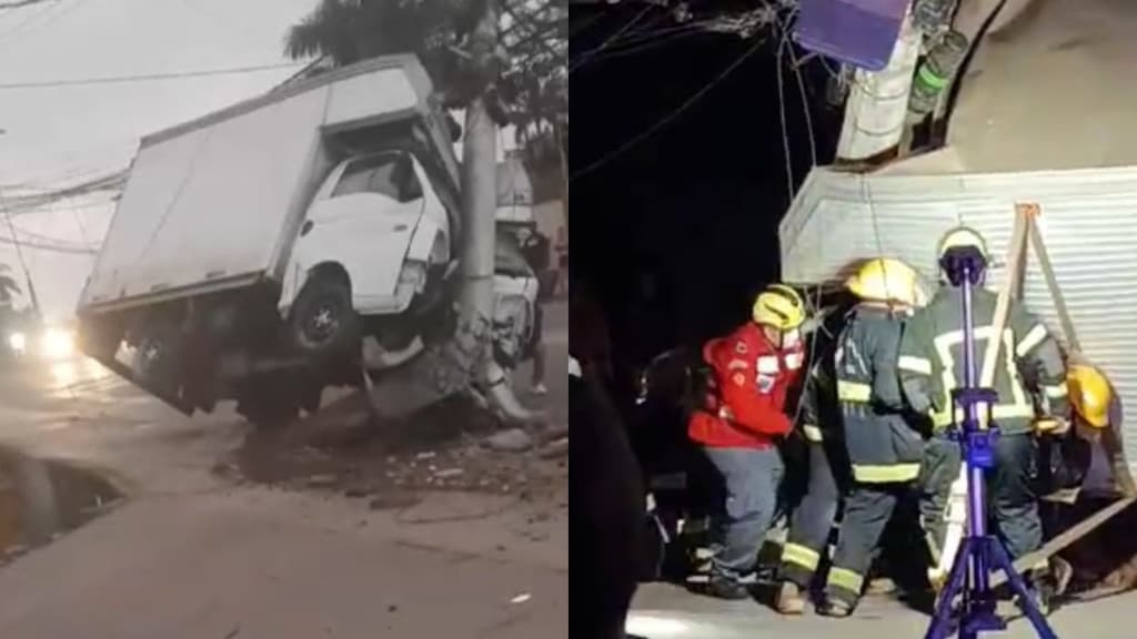 Motorista parte poste ao meio e fica preso nas ferragens de caminhão