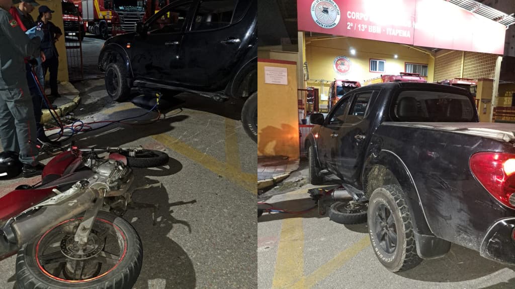 Motociclista escapa por pouco após moto ser esmagada por caminhonete em Itapema