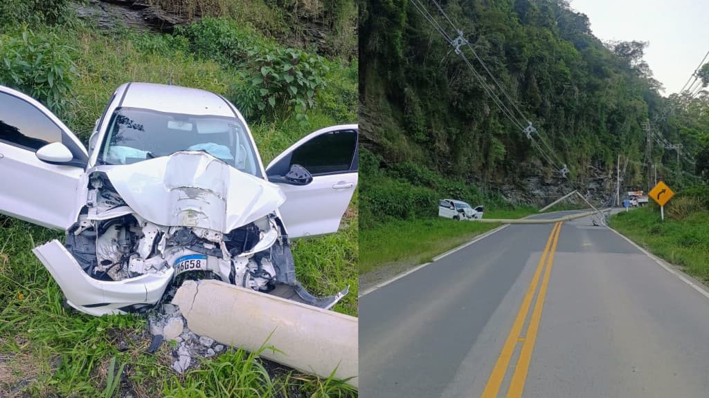 Carro destrói poste e deixa rodovia interditada em acidente violento na SC-340