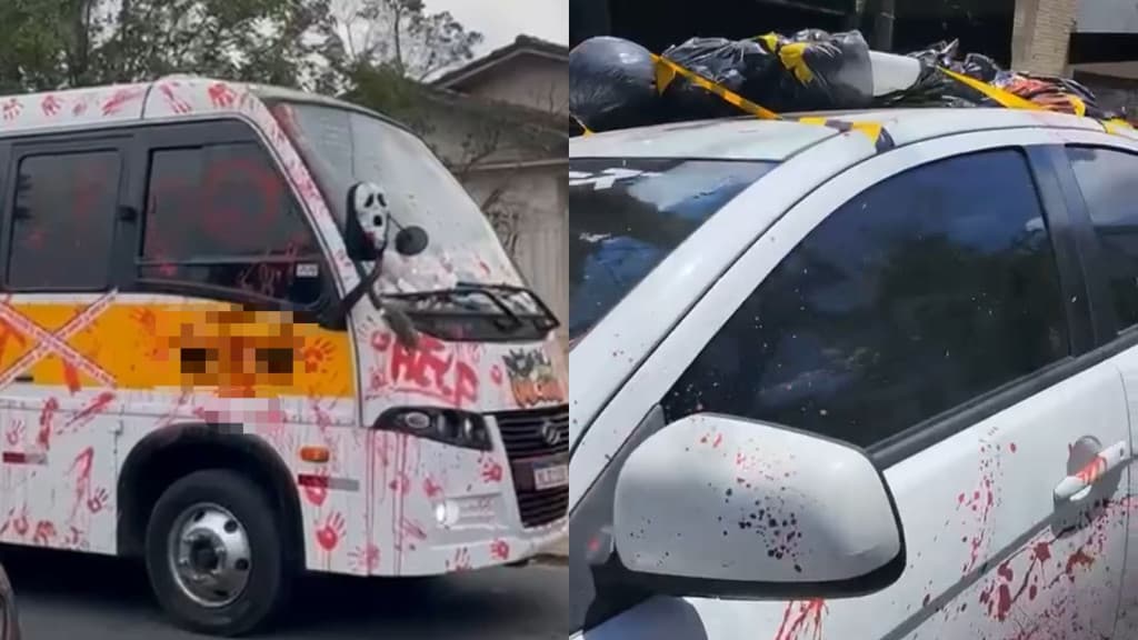 Ônibus escolar puxado pela “morte” e “corpo” no teto de carro marcam o Halloween em SC