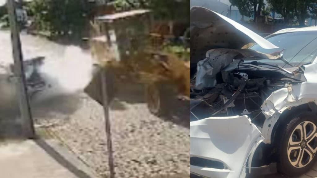 Pneu de trator explode e destrói veículo no momento que motorista pegava filhos na escola