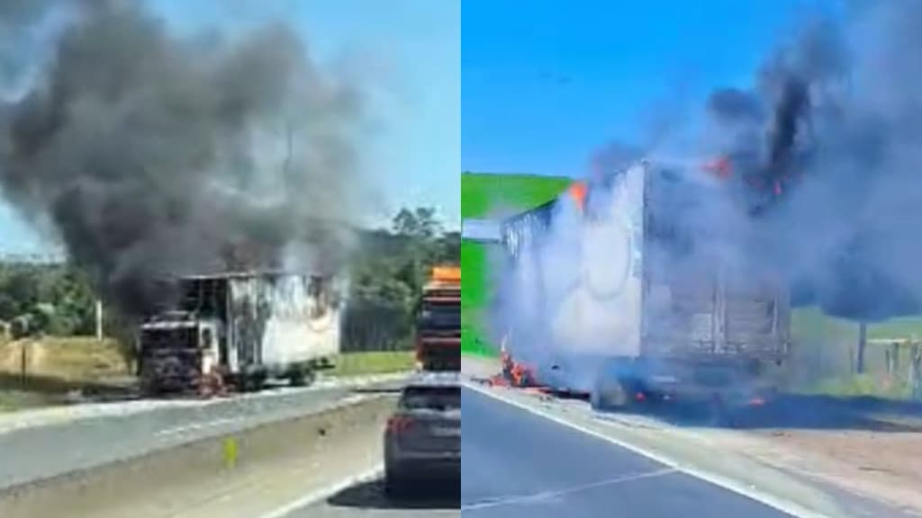 Caminhão carregado com máquinas de costura pega fogo na BR-101