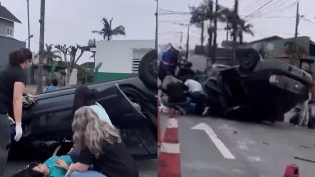 VÍDEO: Carro capota e mobiliza bombeiros em Joinville