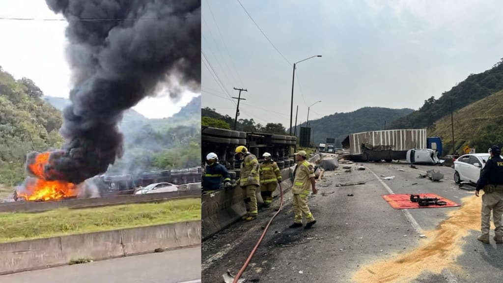 Idoso morre carbonizado após carreta tombar e pegar fogo na BR-376 entre PR e SC