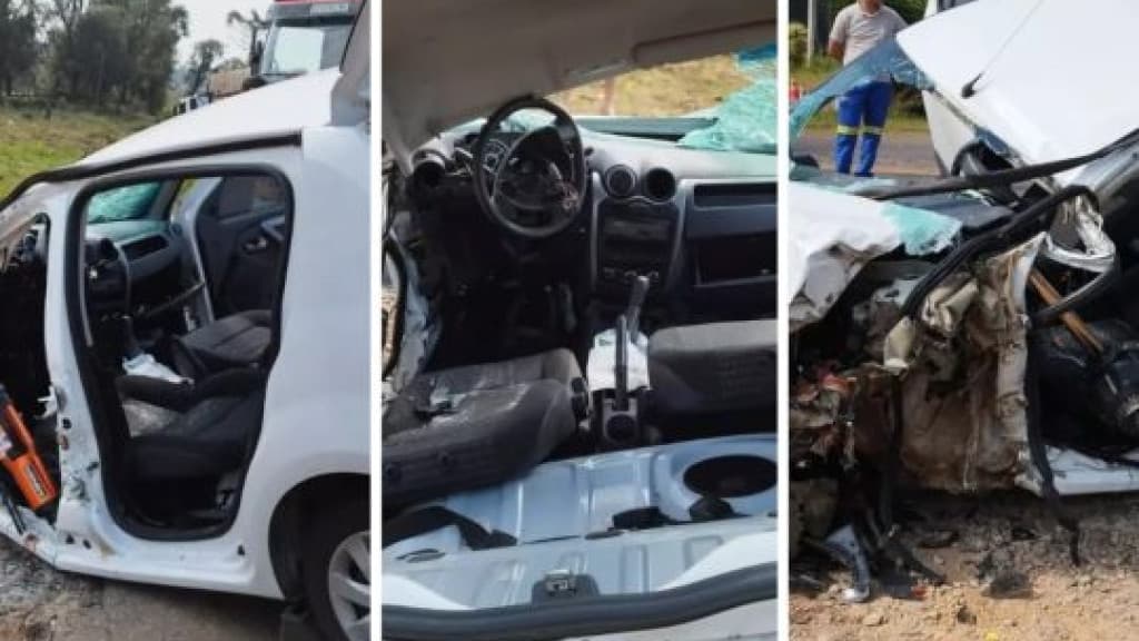 Colisão entre carro e caminhão deixa motorista preso nas ferragens na BR-282