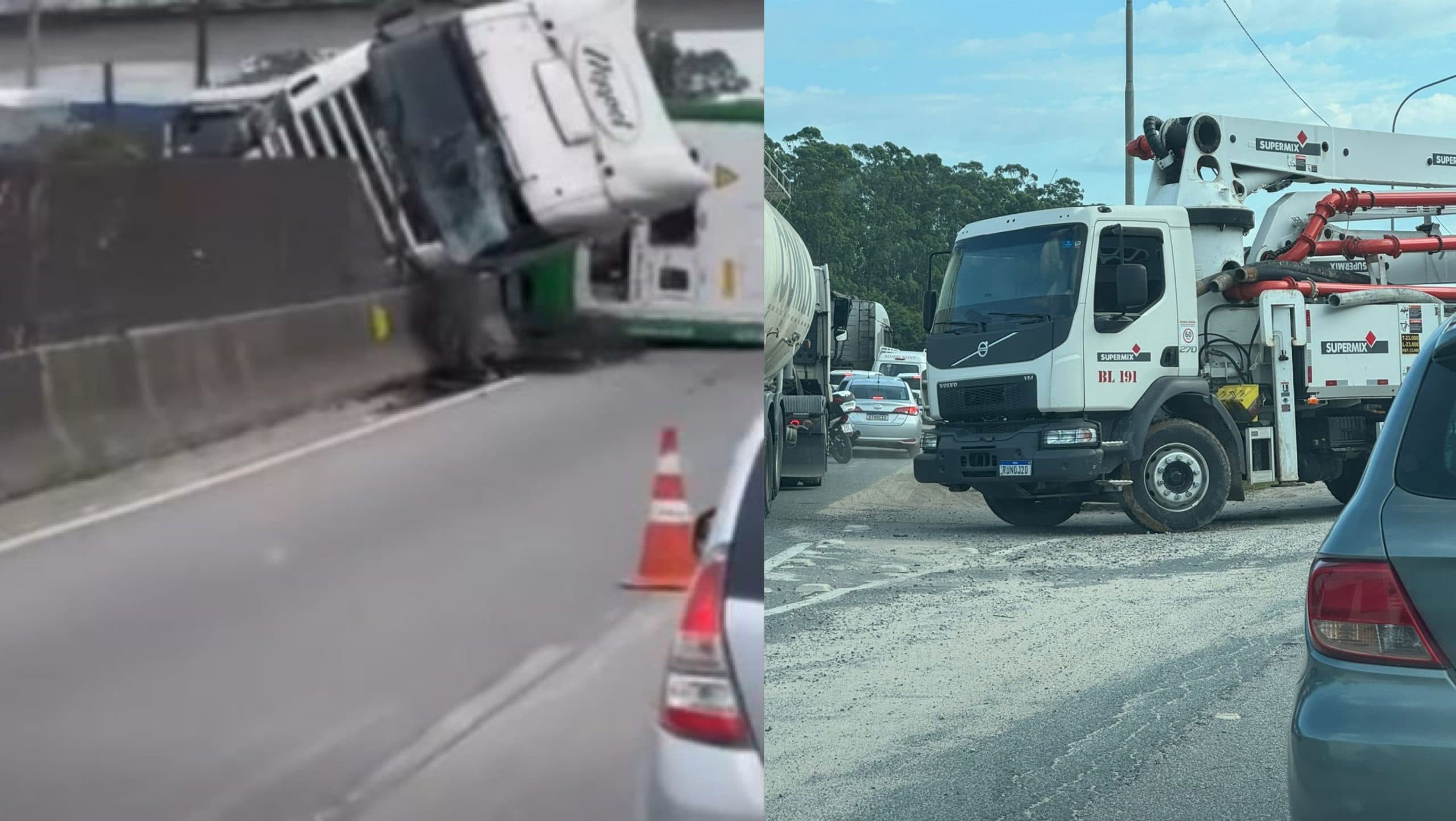 Carreta tomba e causa bloqueios nos dois sentidos da BR-101 em Porto Belo